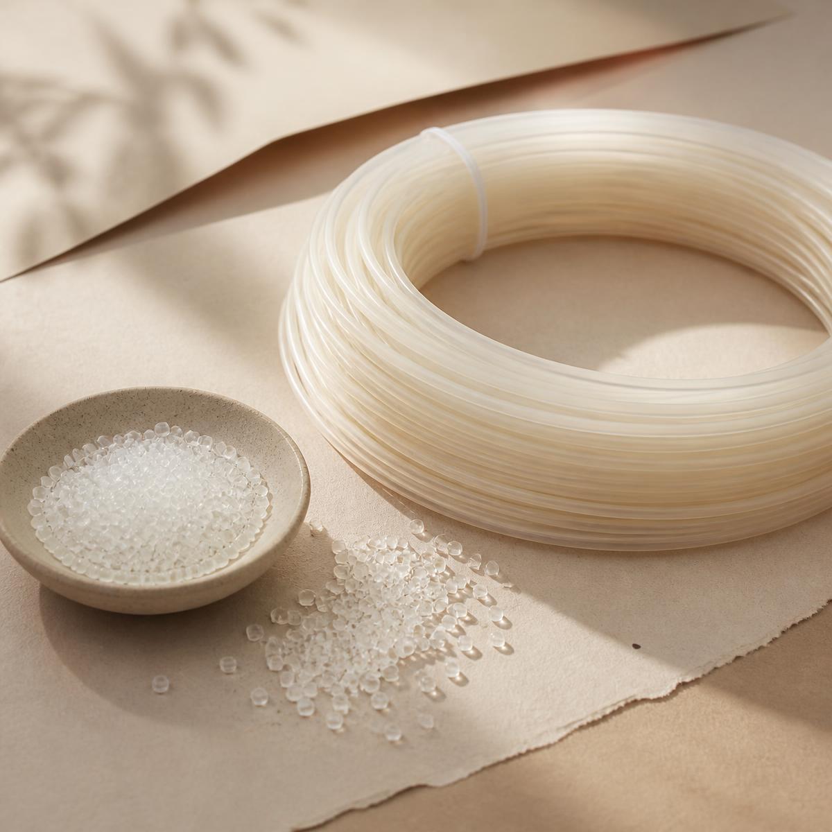 Rulle med naturfarvet PLA-filament og granulat på et varmt papirunderlag